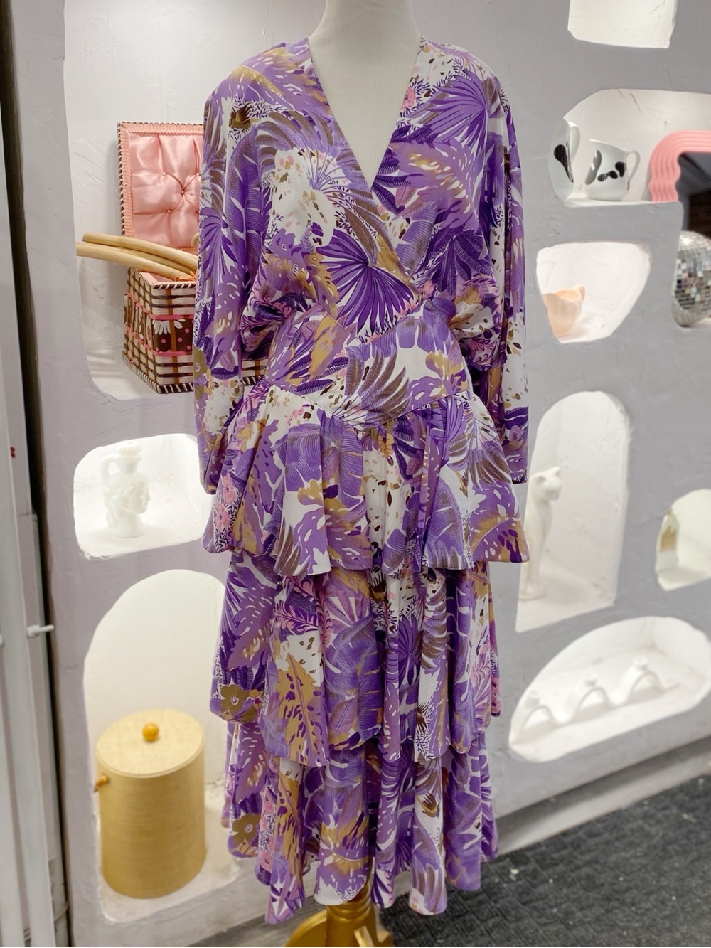 Vintage 80s Purple Floral V Neck Dress with Shoulder Pads & Tiered Ruffle Skirt